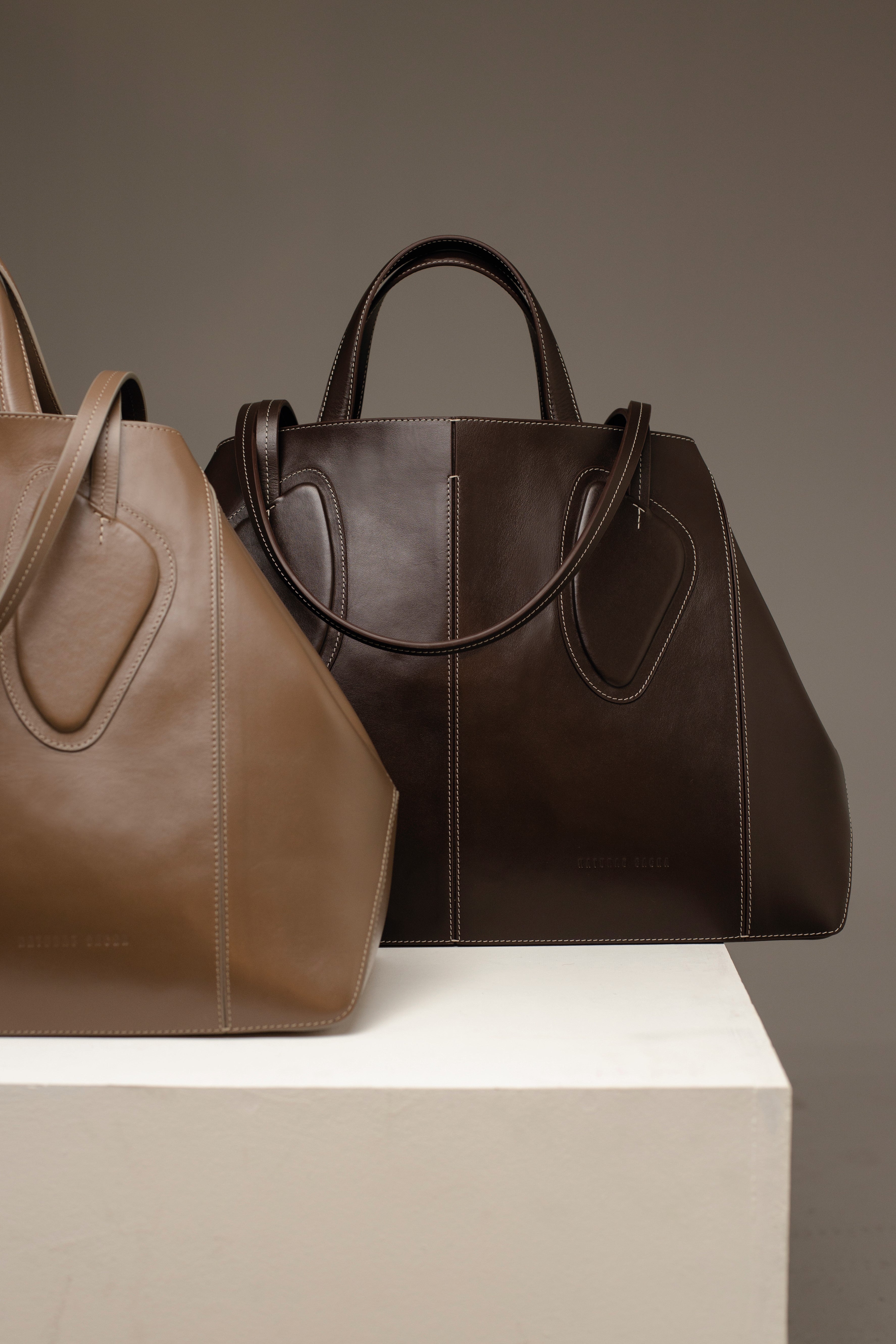 Calf leather maxi non-structured rectangle tote bag with non-removable two leather handle and two leather shoulder strap  on a white stand