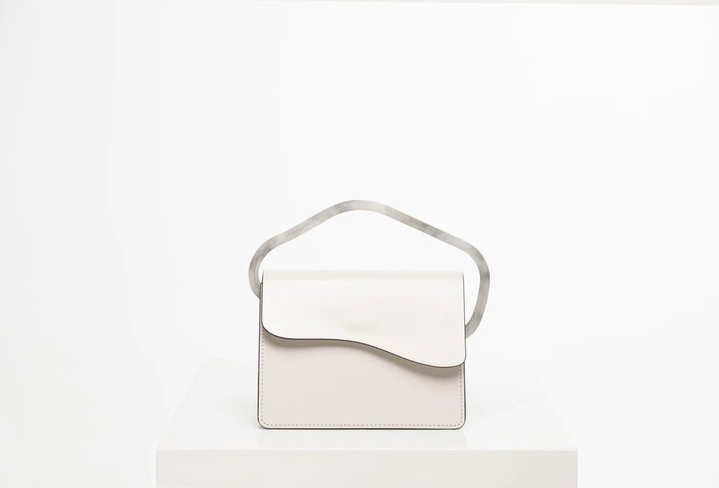 Rectangle handbag off white calf leather with natural resin handle flap closure and removable calf leather cross body strap