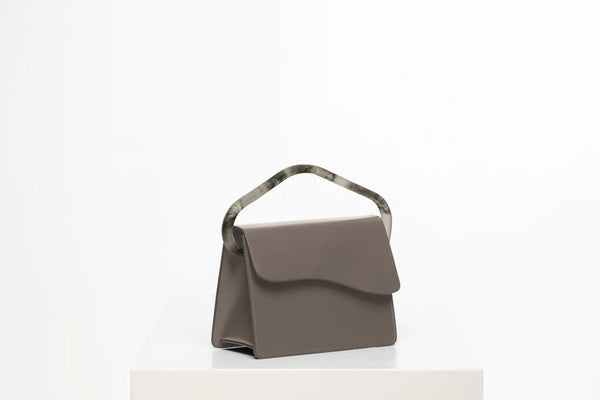 Rectangle handbag taupe calf leather with natural resin handle flap closure and removable calf leather cross body strap