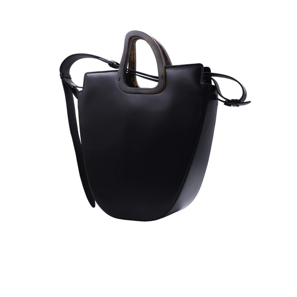 Flat topped oval structured black calf leather tote bag with natural resin round handles and a removable adjustable calf leather strap on a white stand